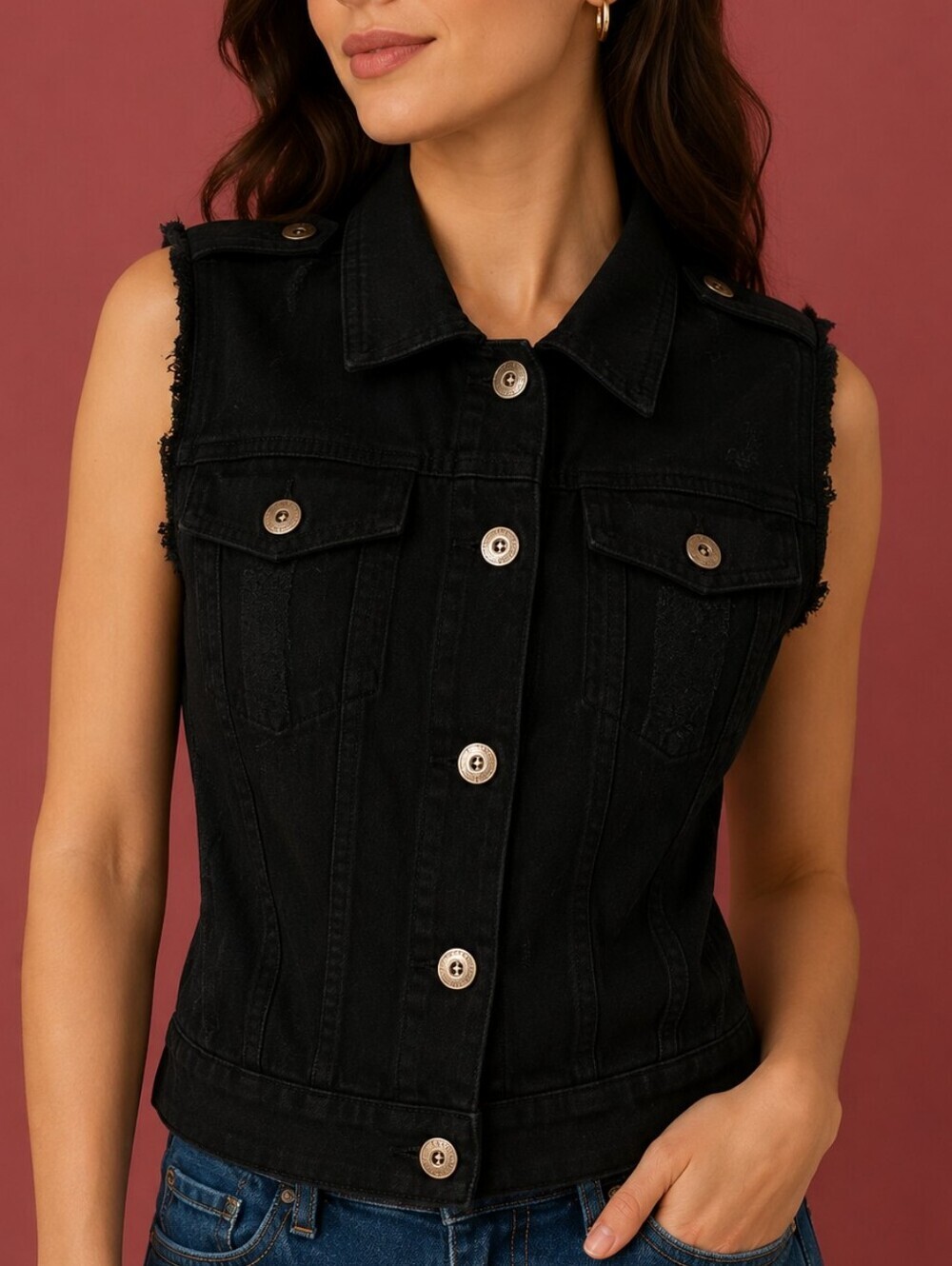 VERSONA Black Distressed Denim Vest
